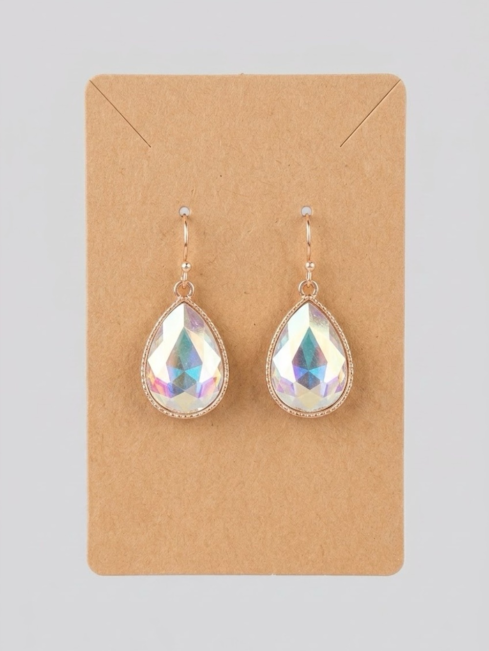 Iridescent Faceted Teardrop Dangle Earrings Gold Tone AB Color Shift